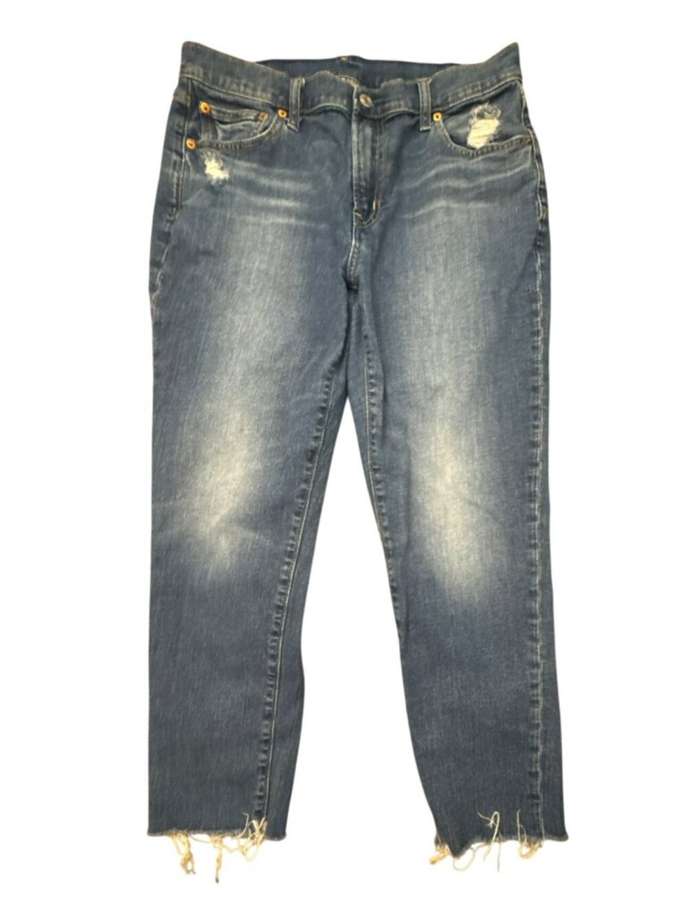 Gap Girlfriend Mid Rise Distressed Jeans 10 30R Raw Hem Medium Wash Stretch